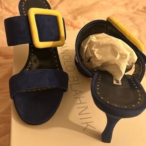 Manolo Blahnik Gable 70mm Bicolor Suede Buckle Sandals size 38